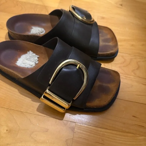 Khaite Brown Slide Sandals with Gold Buckle - Picture 5 of 6